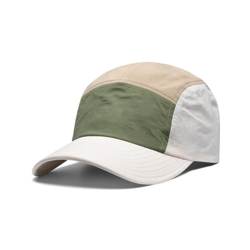Men's khaki baseball cap with curved brim showing five-panel construction and adjustable strap
