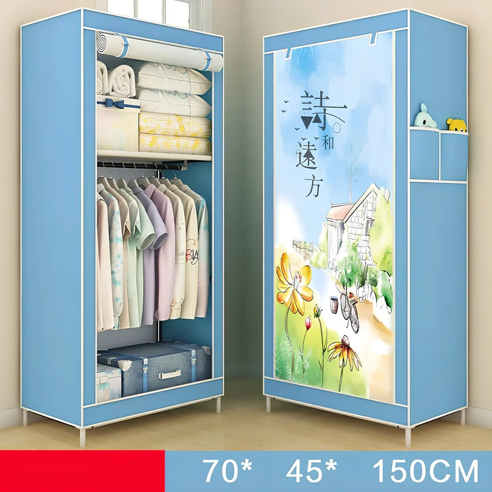 Single dormitory wardrobe with steel frame and fabric enclosure measuring 70×45×150cm