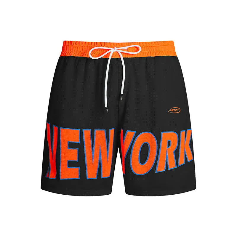 Men's black casual shorts with printed lettering, Korean style straight cut design