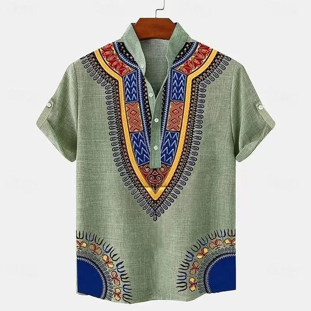 Men's striped casual linen shirt with personalised buttons showing loose fit and colour options