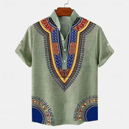 Men's striped casual linen shirt with personalised buttons showing loose fit and colour options