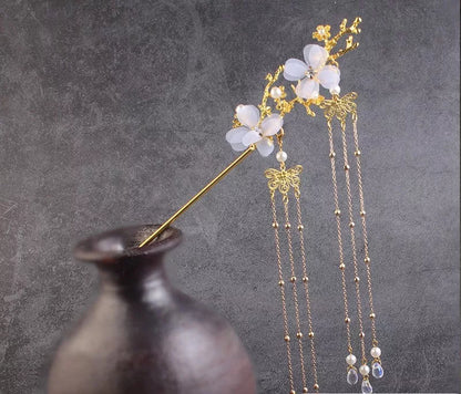 Hanfu Plum Blossom Branch Tassel Hairpin in gold and silver, traditional Chinese hair accessory