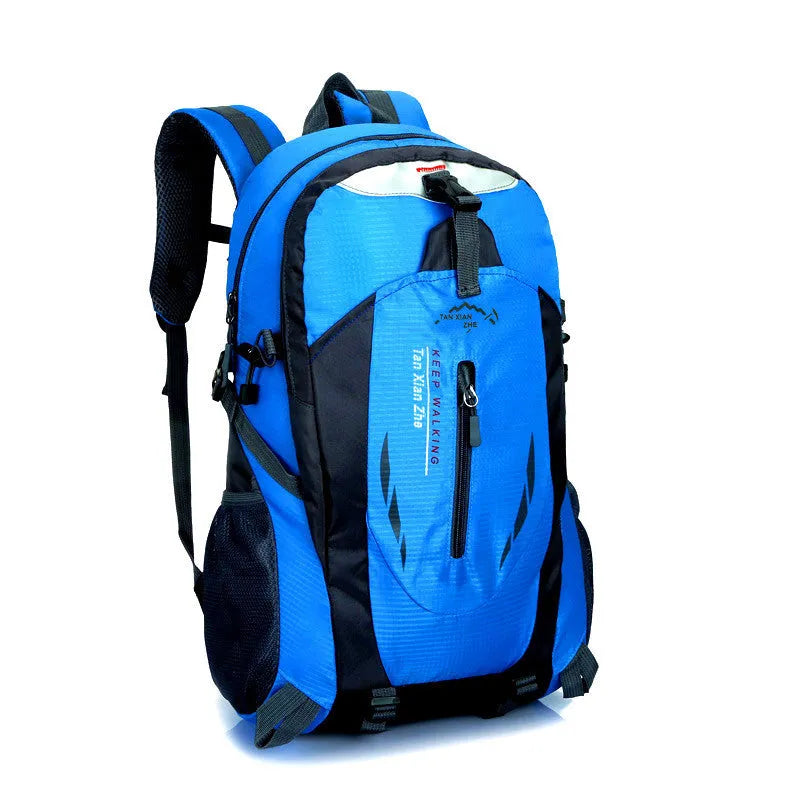 Large red outdoor travel backpack made of oxford cloth, showing front compartments and carrying straps.