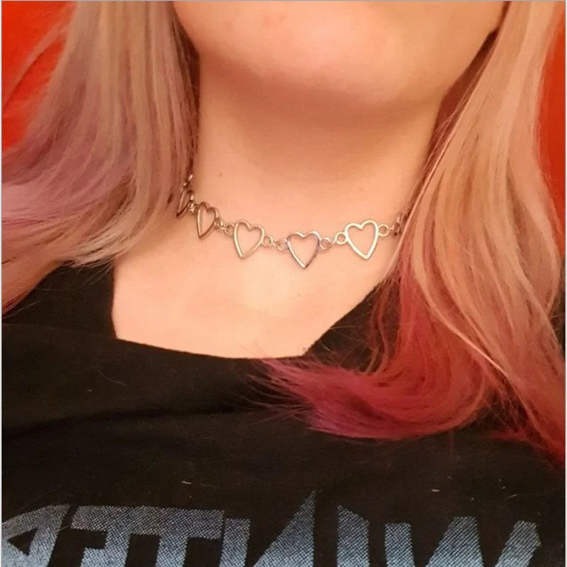 Hollow Korean Sweet Love Heart Choker Necklace in silver and gold with adjustable chain