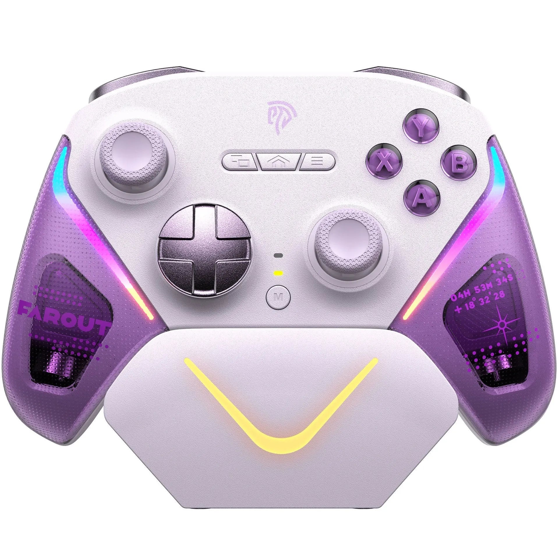 Rocker Smart gaming controller in black on its charging dock, showing textured double-cut triggers and Type-C port