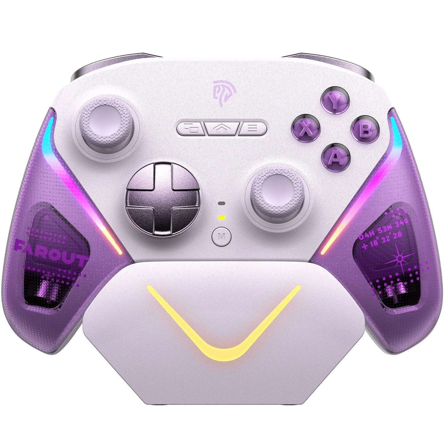 Black Rocker Smart Startstop Charging Base with wireless game controller docked, showing Type-C port.