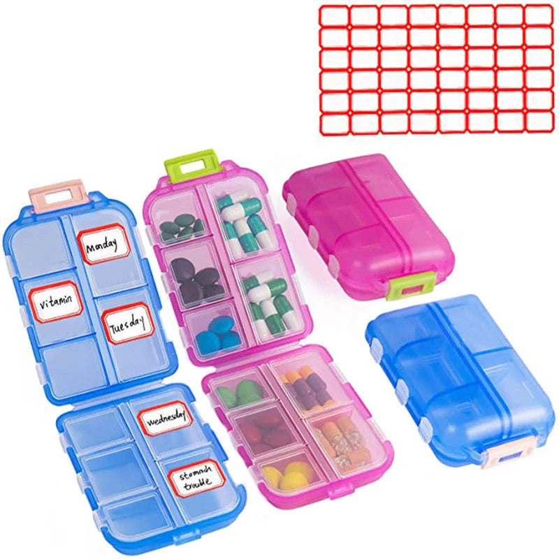 10-Grid Moisture-Proof Travel Pill Organizer in multiple colors for medication management