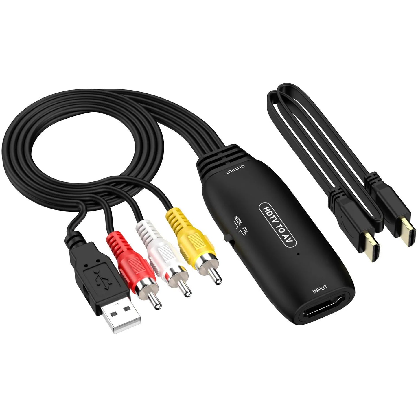 HDMI to AV converter adapter with RCA cable and 3.5mm terminal plug for 1080p video.