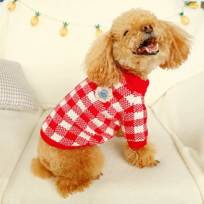 Bowknot hollow knit dog sweater in various colors and patterns