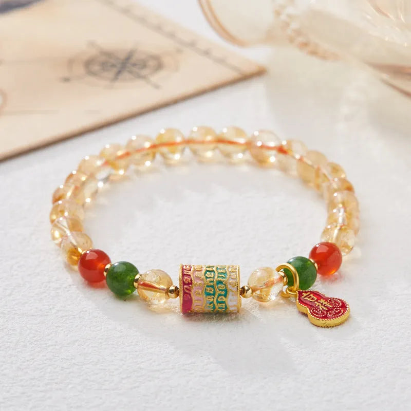 Hand-woven citrine five sutra bracelet with 6mm stone and geometric braided design