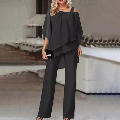 Women's batwing sleeve top and straight trousers set in polyester, available in multiple colors