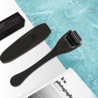 Black titanium alloy beard roller with multiple needle lengths for facial hair care