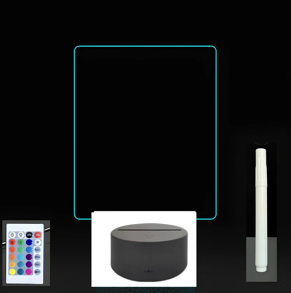 3D acrylic LED message board with touch controls showing illuminated writing on 3.5mm thick surface