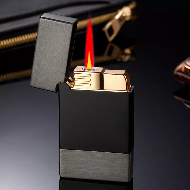 Metal Steel Windproof Gas Lighter in black brushed, gold brushed, and bright silver finishes