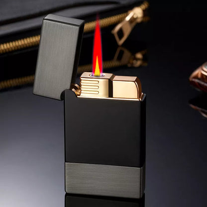 Metal Steel Windproof Gas Lighter in black brushed, gold brushed, and bright silver finishes