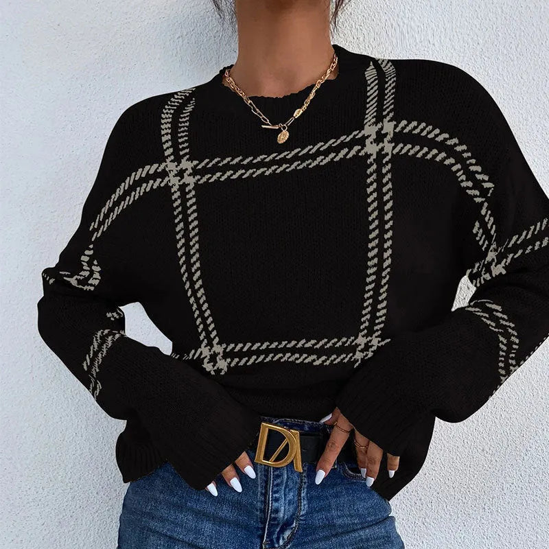 Women's loose-fit plaid colour-block acrylic sweater with apricot, black, beige stripes.