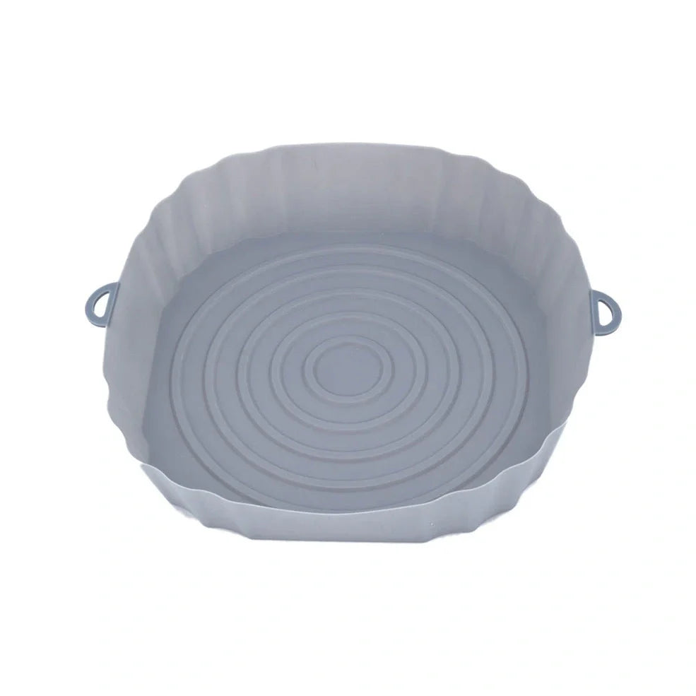Silicone air fryer basket liner in light grey colour showing 4.5cm depth and flexible design for round air fryers