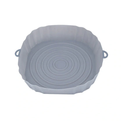 Silicone air fryer basket liner in light grey colour showing 4.5cm depth and flexible design for round air fryers