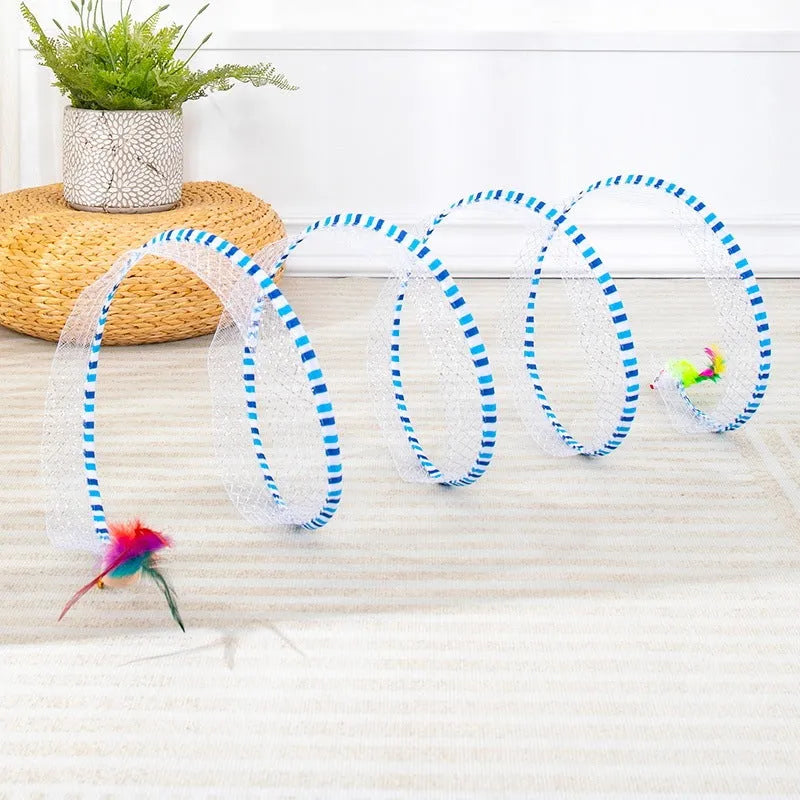 Blue and yellow collapsible cat tunnel with long pole teasing stick and feather attachments.