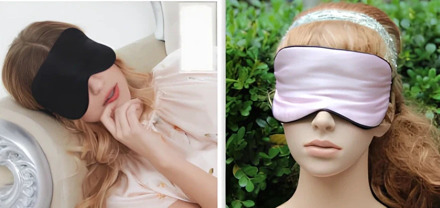 Double-sided mulberry silk eye mask in navy blue, 20.5x10.5cm size with adjustable elastic band, 30g weight