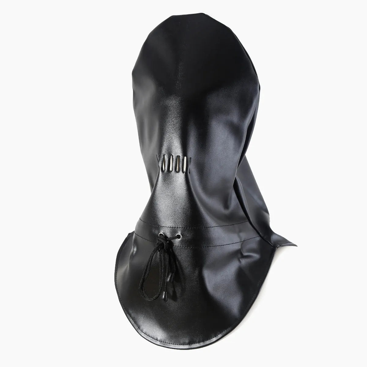 Black leather BDSM mask with lace front panel and adjustable head harness straps