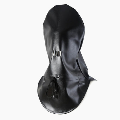 Black leather BDSM mask with lace front panel and adjustable head harness straps
