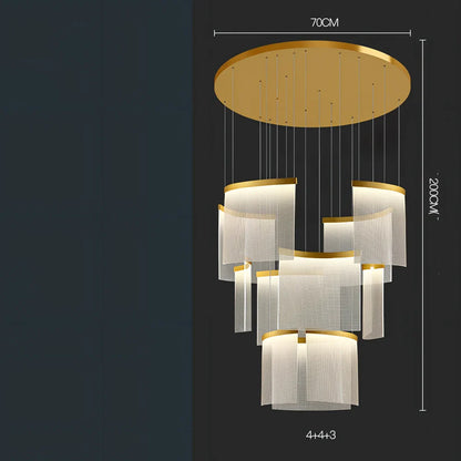 Villa Duplex large chandelier with multiple LED heads and gold mesh grid on stainless steel pendant