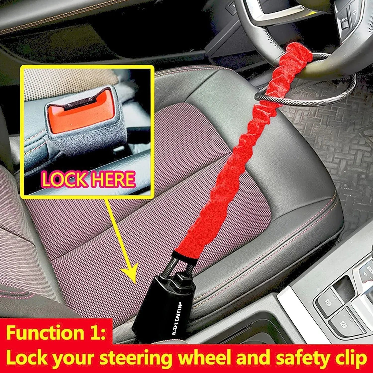 Car steering wheel lock with 33cm iron construction and copper lock core in red colour option