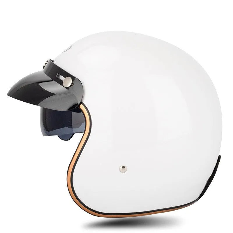 Retro-style motorcycle half helmet in ABS construction showing colour options and size range from S to XXL