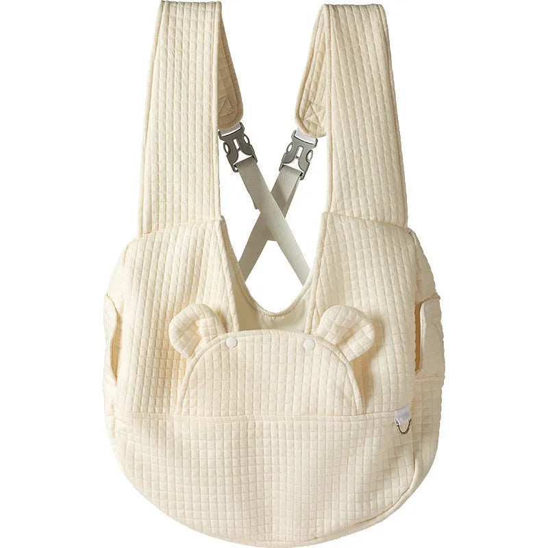 Grey square plaid quilted pet diaper backpack worn cross-chest, dimensions 38cm by 14cm by 41cm.