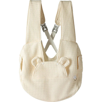 Grey square plaid quilted pet diaper backpack worn cross-chest, dimensions 38cm by 14cm by 41cm.