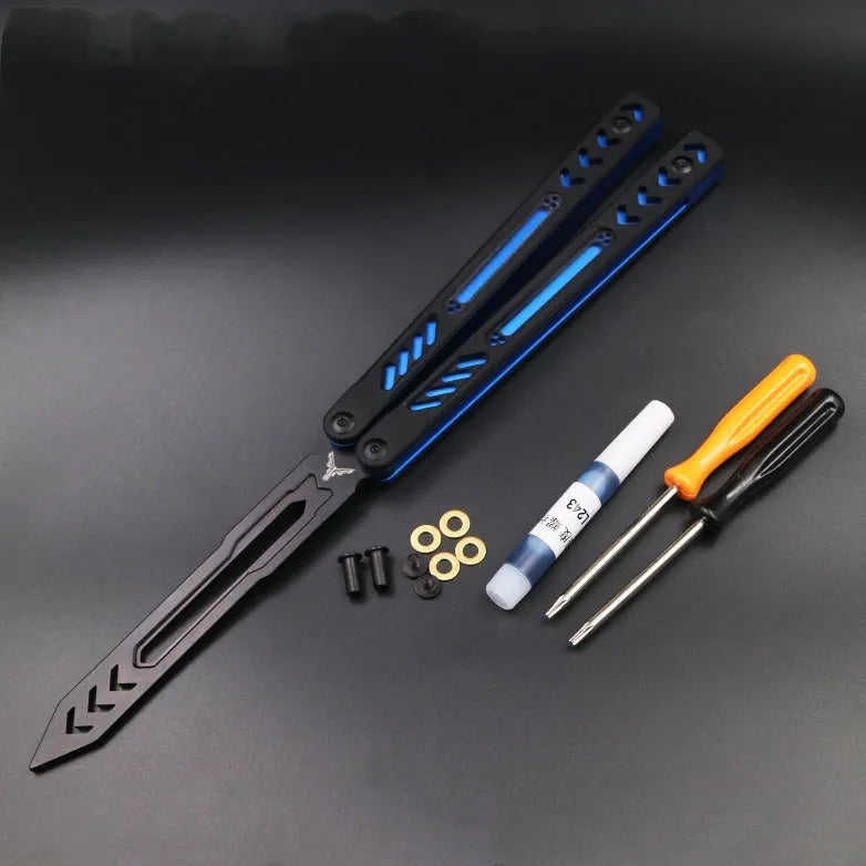 Butterfly knife practice trainer with aluminium handle and G10 grip patches in multiple colour options