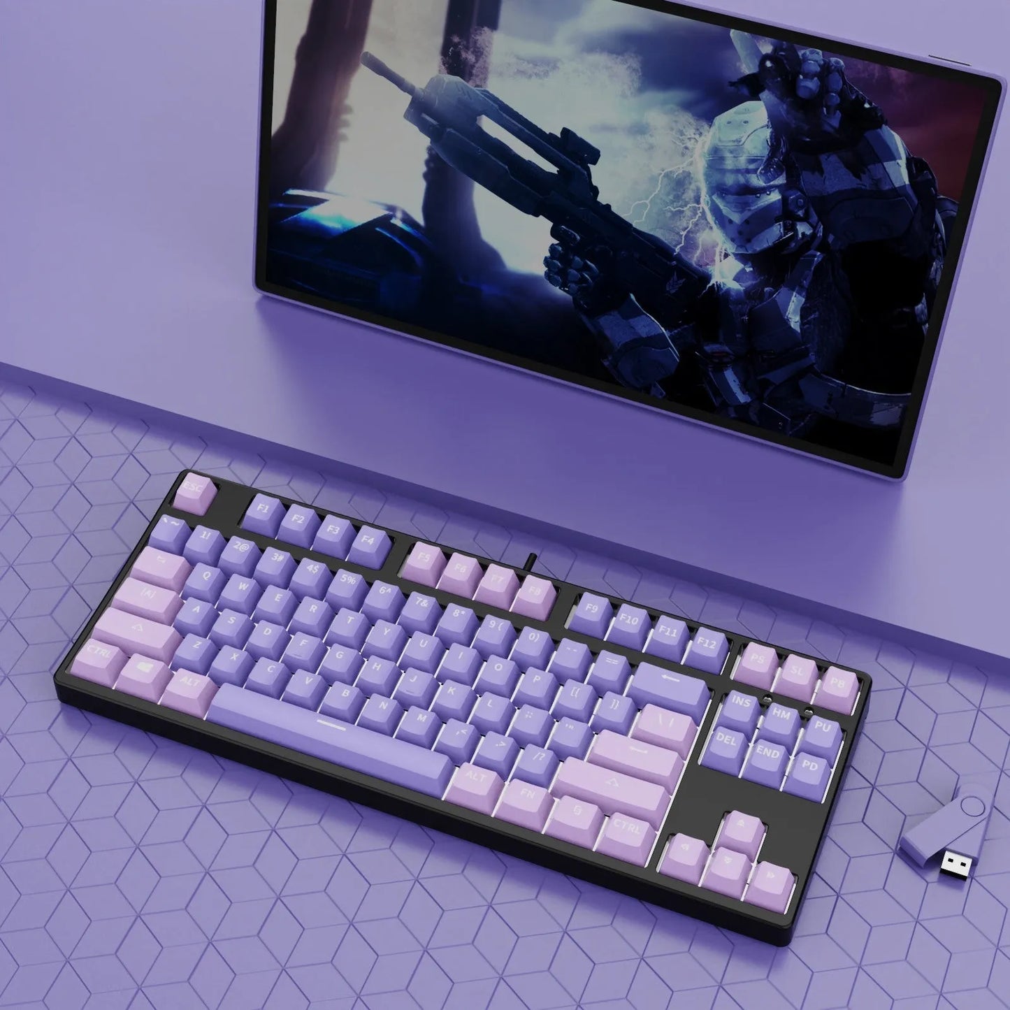 87-key mechanical keyboard with two-tone coloured keycaps on metal case