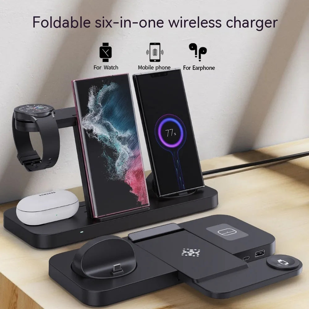 B-21 three-in-one wireless charging station for mobile phone, headset, and smartwatch on a desk.