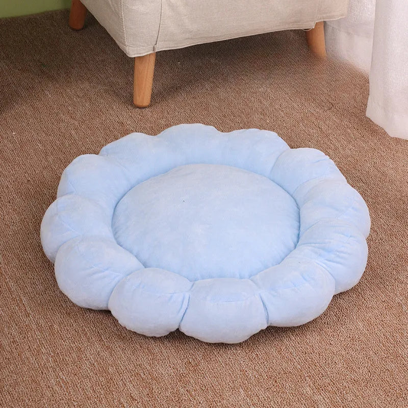 Blue half-surrounded square plush pet bed for dogs and cats on a wooden floor