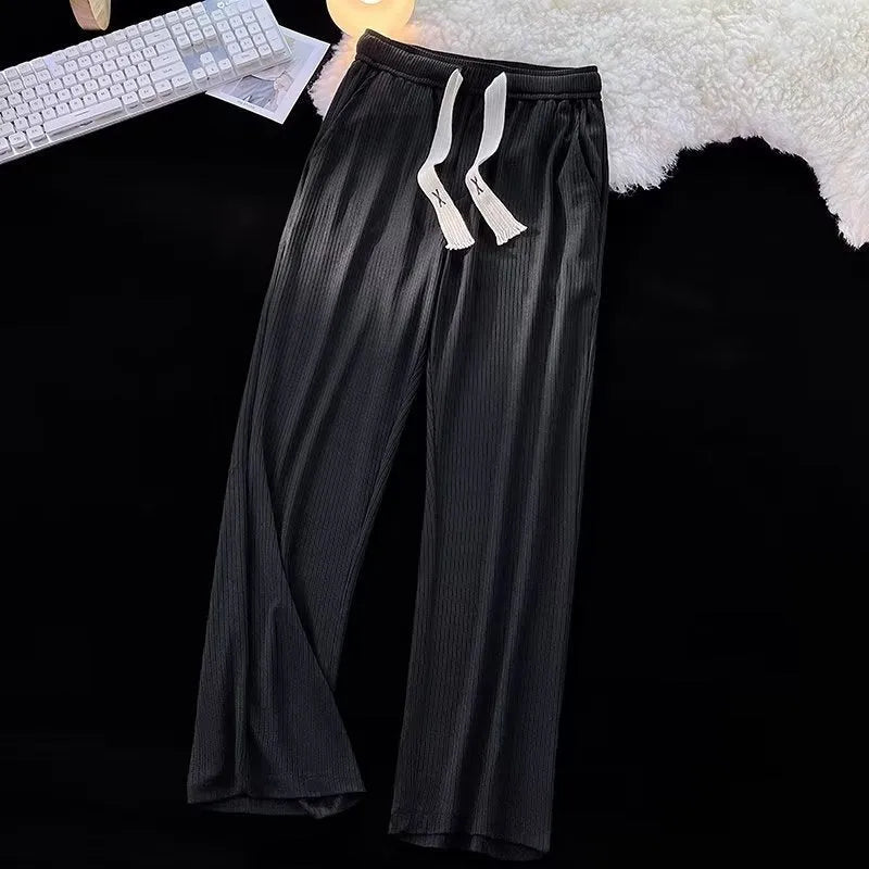 Men's loose-fit straight-leg casual trousers in black cotton ice silk fabric