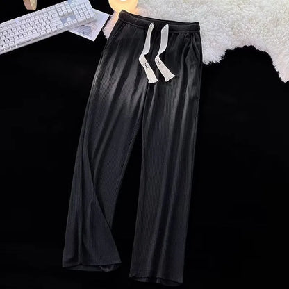 Men's loose-fit straight-leg casual trousers in black cotton ice silk fabric