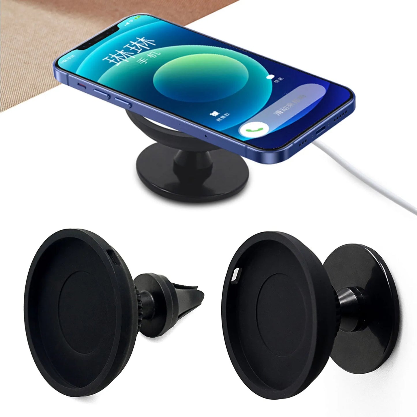 Black magnetic car phone holder showing both air vent mount and base dashboard mount options