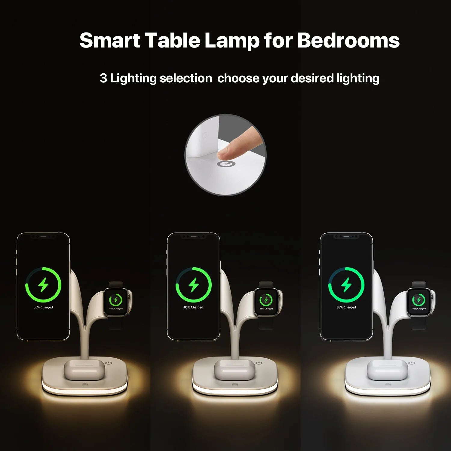 Black desktop wireless charging stand showing phone, smartwatch and headphone charging simultaneously