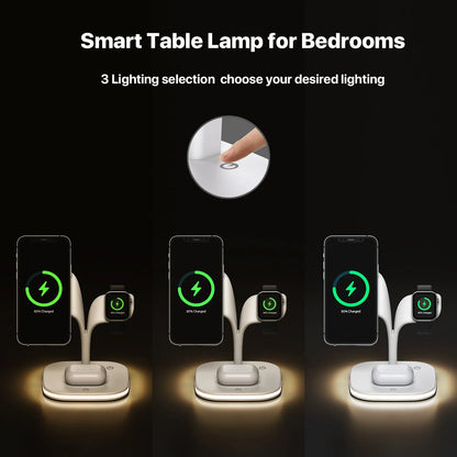 Black desktop wireless charging stand showing phone, smartwatch and headphone charging simultaneously