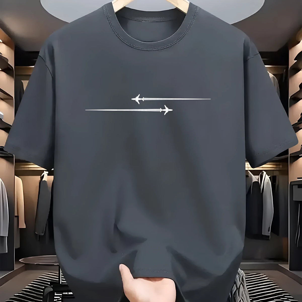Loose-fit printed cotton blend T-shirt in black on a hanger