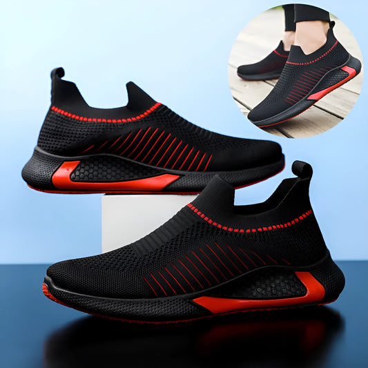 Men's black and white striped mesh slip-on sneakers with lace-up front.