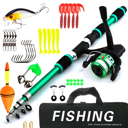 Children's fishing rod set with pole and wheel in four colour options including bait accessory box