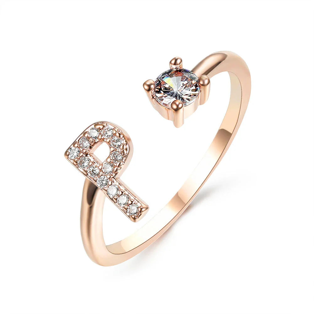 Personalized Initial Letter Adjustable Ring made of copper alloy and zircon, showcasing a vintage-inspired design