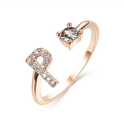 Personalized Initial Letter Adjustable Ring made of copper alloy and zircon, showcasing a vintage-inspired design