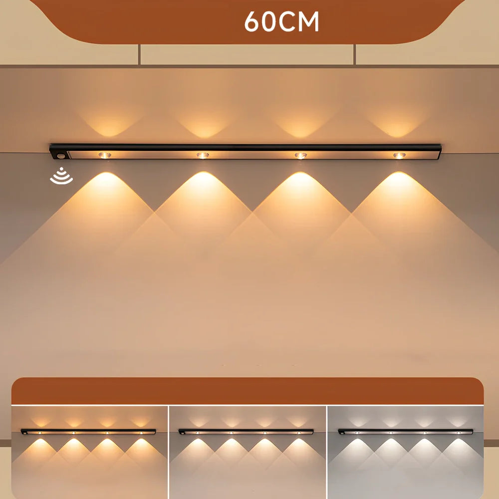 Silver LED inductive light strip, 40cm length, attached to shoe cabinet shelf with 3M adhesive