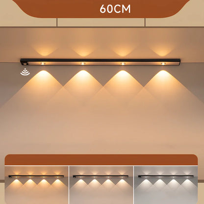 Silver LED inductive light strip, 40cm length, attached to shoe cabinet shelf with 3M adhesive