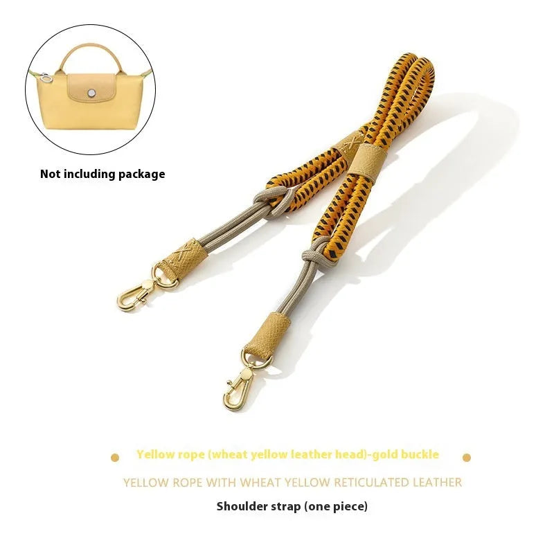 Braided rope shoulder strap with alloy hardware in silver or gold finish options