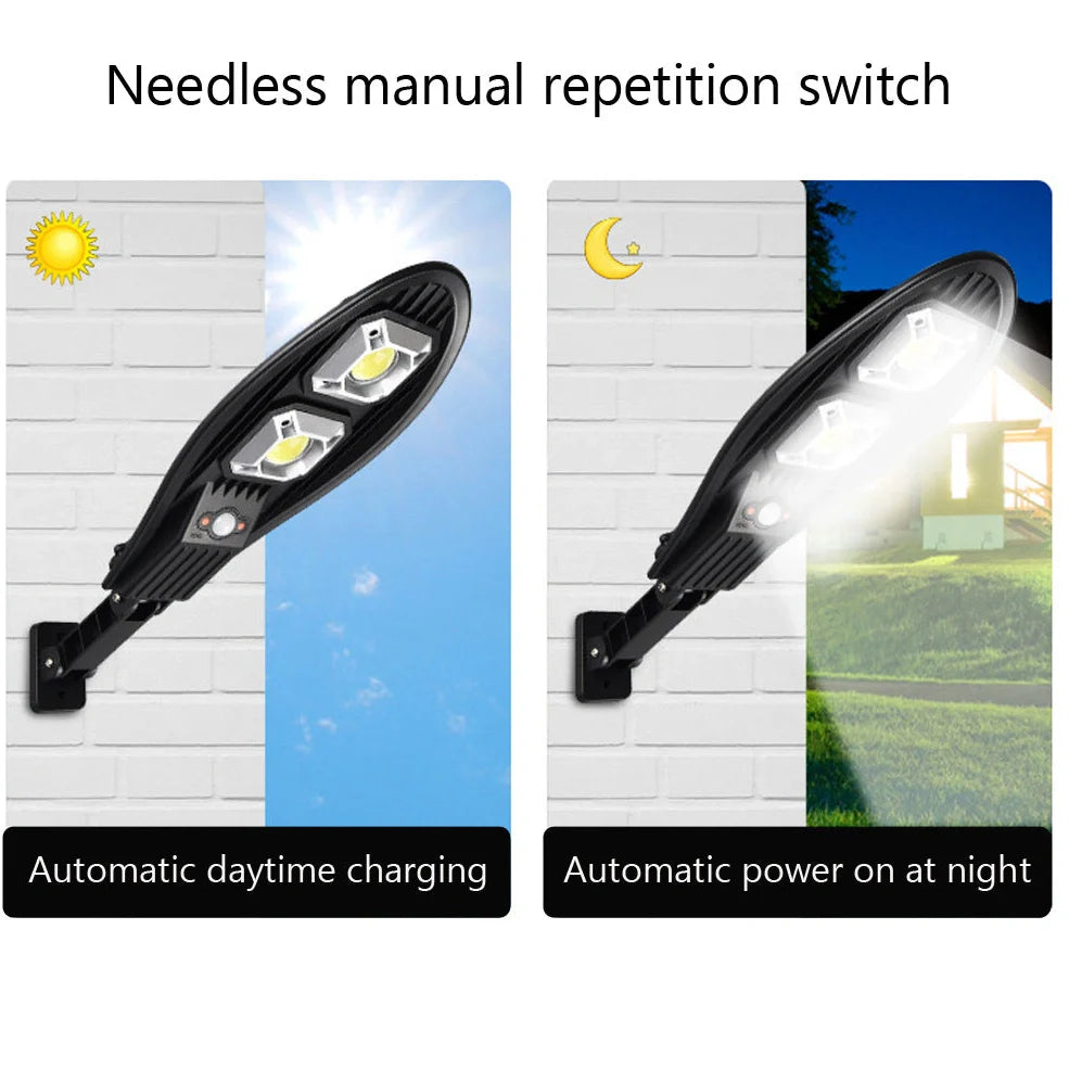 Solar street LED light with 55cm housing, white illumination, and remote control for outdoor garden security