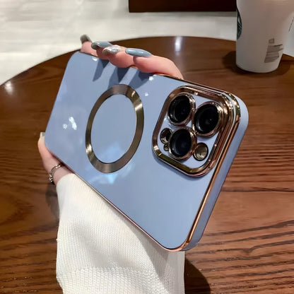 Electroplated metal brushed magnetic iPhone case showing magnetic ring and precise port cutouts